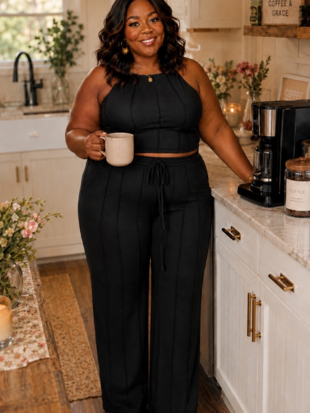 Black Two Piece Pin Tuck Lounge Set
